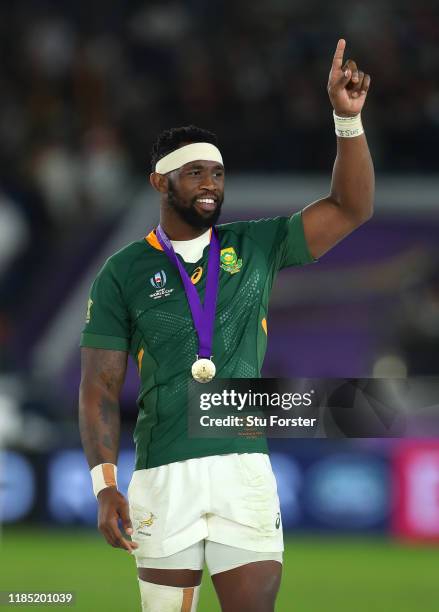 South Africa captain Siya Kolisi celebrates after the Rugby World Cup 2019 Final between England and South Africa at International Stadium Yokohama...