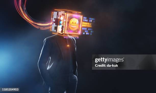 zakenman met smily emoji projectiescherm. 3d render futuristisch concept - 3d person stockfoto's en -beelden