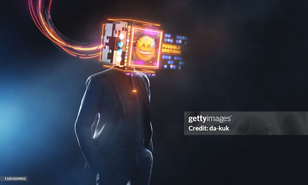 Homem de negócios com tela smily da projeção do emoji. 3D render conceito futurista