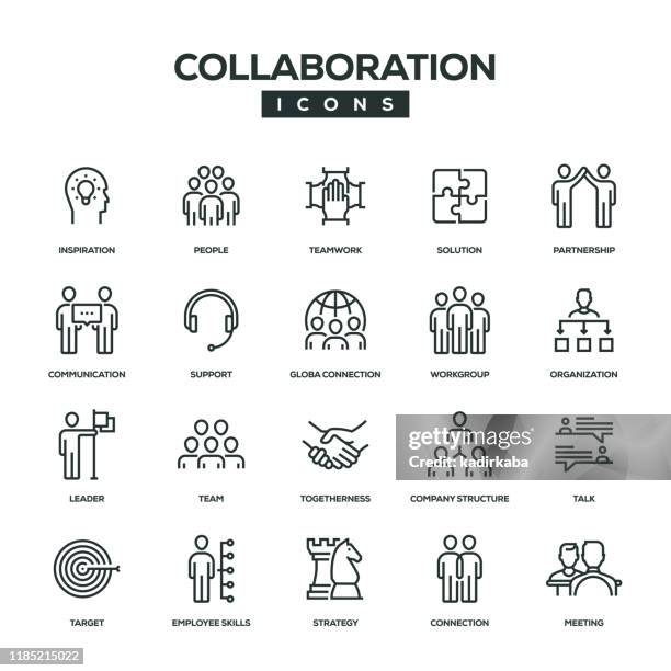 collaboration line icon set - man computer office stock illustrations