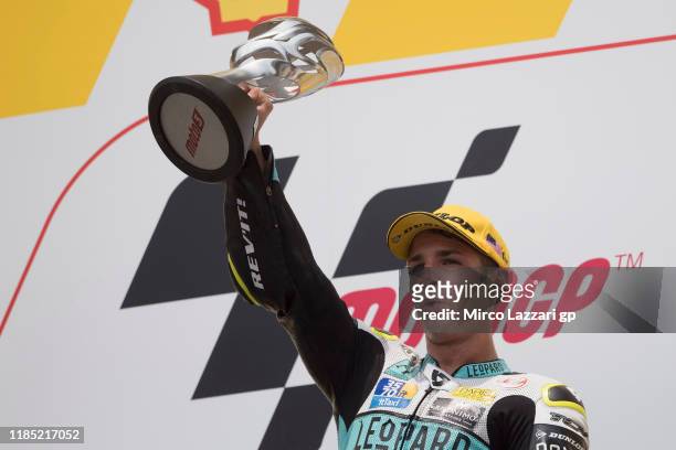Lorenzo Dalla Porta of Italy and Leopard Racing celebrates the victory on the podium during the Moto3 race during the MotoGP of Malaysia - Race at...
