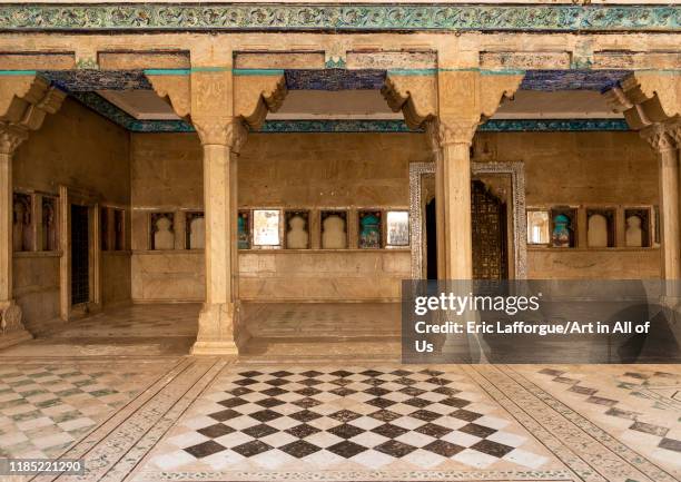 Geometric tiles in Taragarh fort, Rajasthan, Bundi, India on July 16, 2019 in Bundi, India.