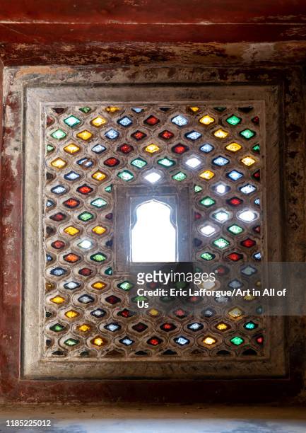 Multi coloured stained glass windows in Taragarh fort, Rajasthan, Bundi, India on July 16, 2019 in Bundi, India.