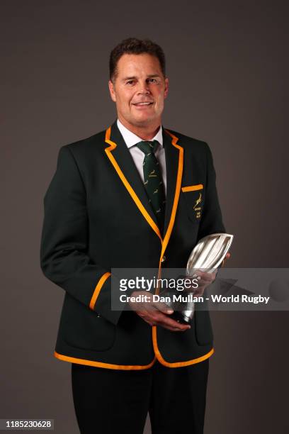 Rassie Erasmus of South Africa poses with the World Rugby Coach of the Year Award during the World Rugby Awards 2019 at the Prince Park Tower Hotel...