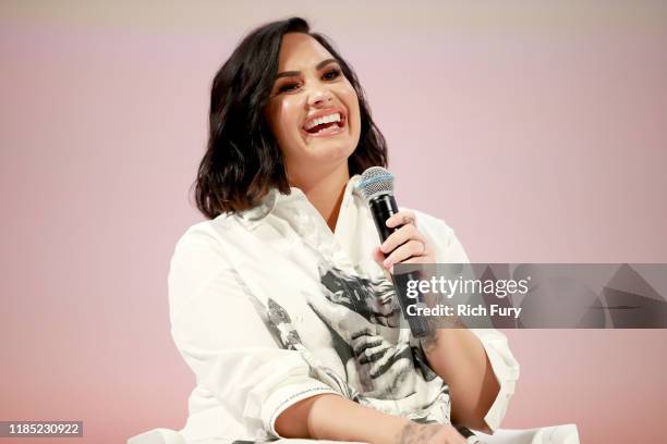 Demi Lovato speaks on stage at the Teen Vogue Summit 2019 at Goya Studios on November 02, 2019 in Los Angeles, California.