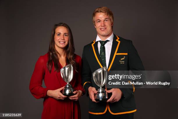 Emily Scarratt of England and Pieter-Steph Du Toit of South Africa, winners of the World Rugby Women's and Men's 15's Player of the Year in...