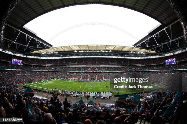 General view inside the stadium as the Jacksonville Jaguars kick off during the NFL match between the Houston Texans and Jacksonville Jaguars at...