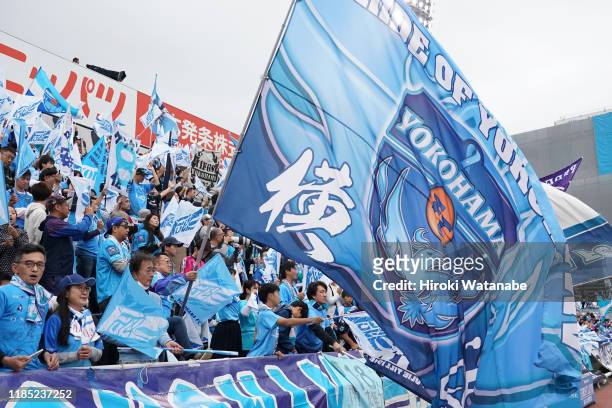 Fans of Yokohama FC cheer after the J.League J2 match between Yokohama FC and V-Varen Nagasaki at Nippatsu Mitsuzawa Stadium on November 03, 2019 in...