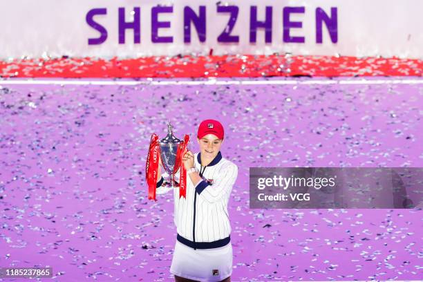 Champion Ashleigh Barty of Australia celebrates with the trophy after winning the Women's Singles final match against Elina Svitolina of Ukraine on...