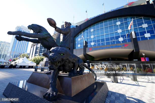 The Jerry Richardson statue before the game between the Carolina Panthers and the Tennessee Titans at Bank of America Stadium on November 03, 2019 in...