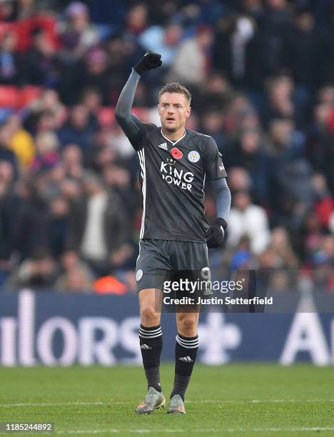 Jamie Vardy of Leicester City celebrates after scoring his sides second goal during the Premier League match between Crystal Palace and Leicester...