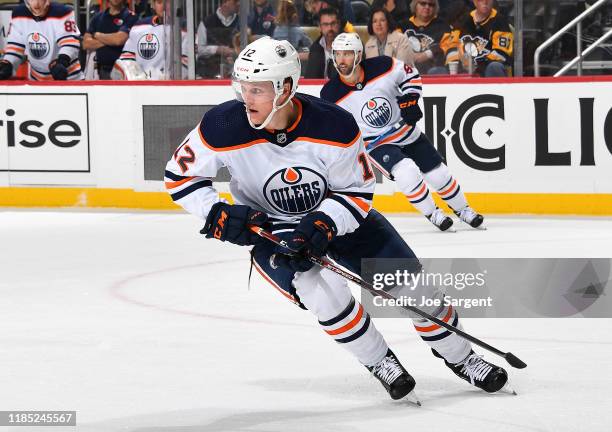 Colby Cave of the Edmonton Oilers skates against the Pittsburgh Penguins at PPG PAINTS Arena on November 2, 2019 in Pittsburgh, Pennsylvania.