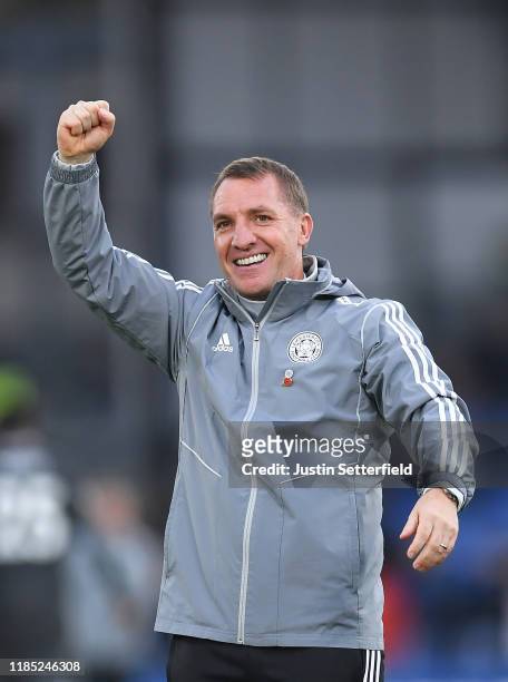 Brendan Rogers, Manager of Leicester City celebrates at the final whistle during the Premier League match between Crystal Palace and Leicester City...