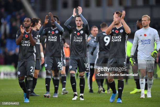 The Leicester City side celebrate at the final whistle during the Premier League match between Crystal Palace and Leicester City at Selhurst Park on...