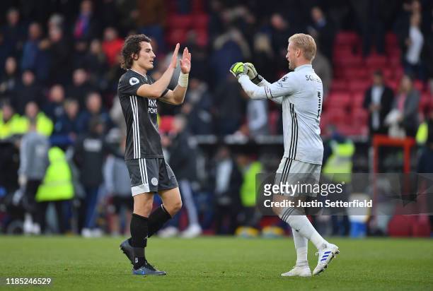 Çağlar Söyüncü of Leicester City and Kasper Schmeichel of Leicester City celebrate at the final whistle during the Premier League match between...