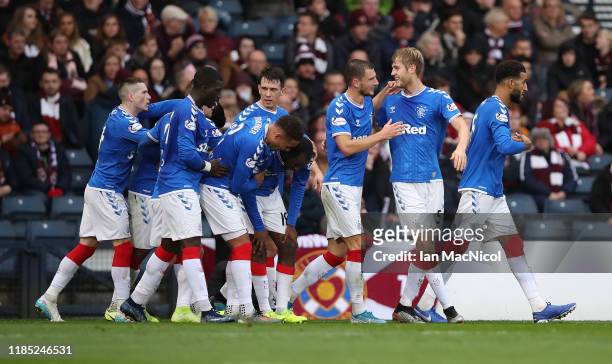 Filip Helander of Rangers celebrates scoring the opening goal during the Betfred League Cup semi final between Rangers and Herat of Midlothian at...