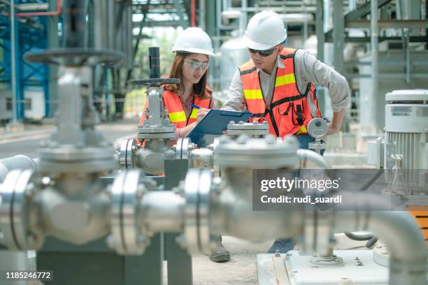 elektriciteits ingenieur en zijn promotor bij industrial facility - gas engineer stockfoto's en -beelden
