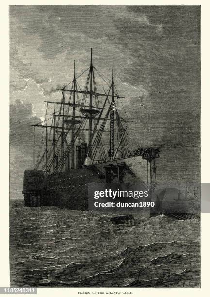 ss great eastern picking up the atlantic cable, 19th century - east stock illustrations