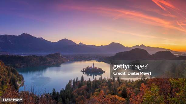 lago bled y la isla con la iglesia en color otoño al amanecer - eslovenia fotografías e imágenes de stock