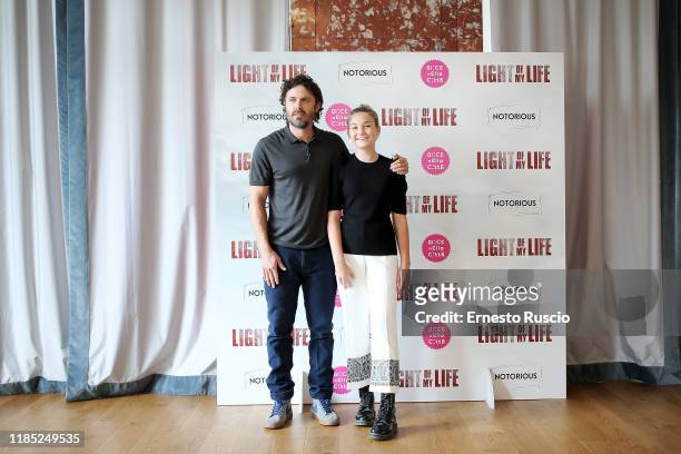 Casey Affleck and Anna Pniowsky attend the photocall of the movie "Light Of My Life" at Hotel Sina Bernini Bristol on November 03, 2019 in Rome,...