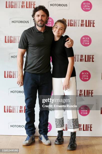 Casey Affleck and Anna Pniowsky attend the photocall of the movie "Light Of My Life" at Hotel Sina Bernini Bristol on November 03, 2019 in Rome,...