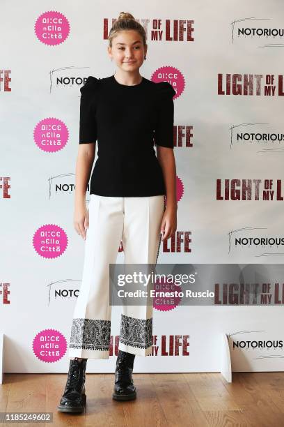 Anna Pniowsky attends the photocall of the movie "Light Of My Life" at Hotel Sina Bernini Bristol on November 03, 2019 in Rome, Italy.