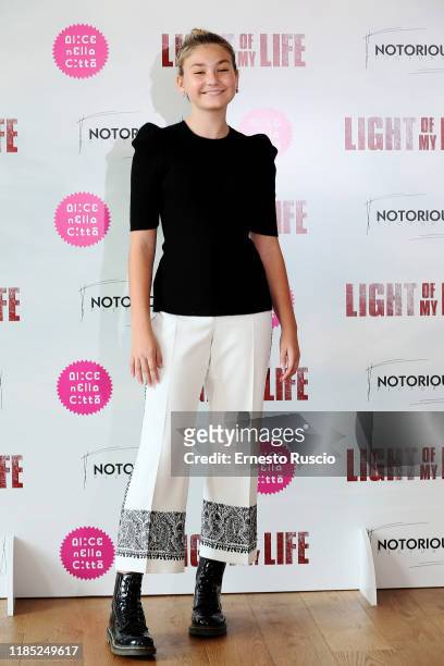 Anna Pniowsky attends the photocall of the movie "Light Of My Life" at Hotel Sina Bernini Bristol on November 03, 2019 in Rome, Italy.