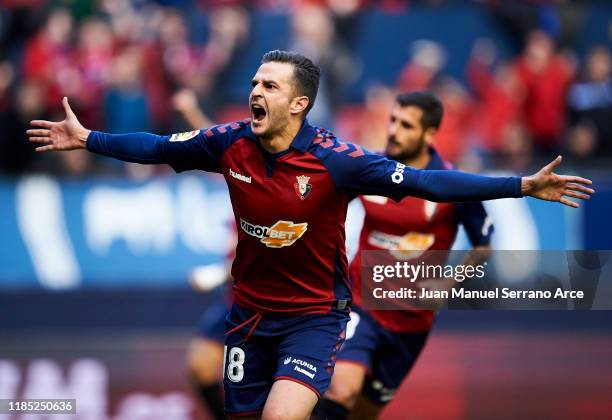 Juan Villar of CA Osasuna celebrates after scoring his team's fourth goal during the Liga match between CA Osasuna and Deportivo Alaves at El Sadar...