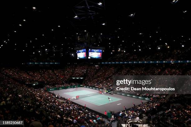 General view of the stadium as Novak Djokovic of Serbia serves in his Men's Singles Final match against Denis Shapovalov of Canada on day 7 of the...