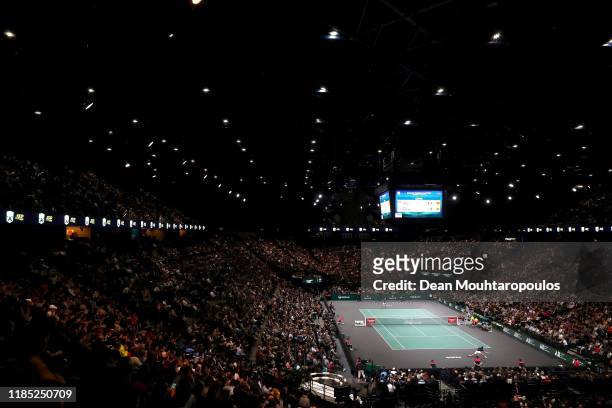 General view of the stadium as Novak Djokovic of Serbia returns a forehand in his Men's Singles Final match against Denis Shapovalov of Canada on day...