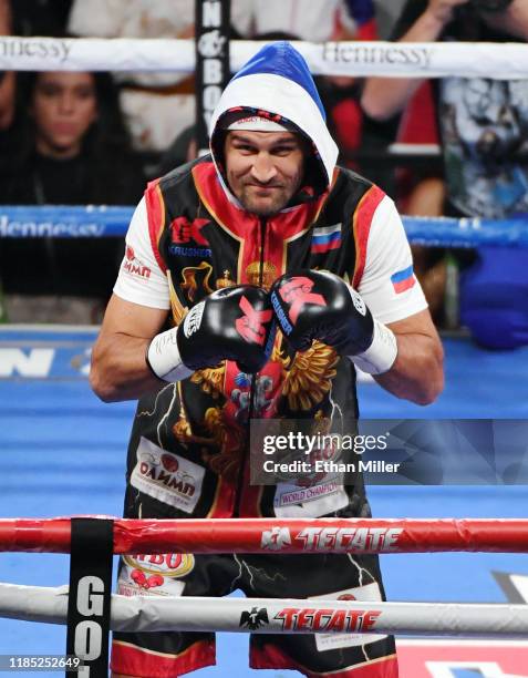 Sergey Kovalev gestures as he enters the ring for his WBO light heavyweight title fight against Canelo Alvarez at MGM Grand Garden Arena on November...