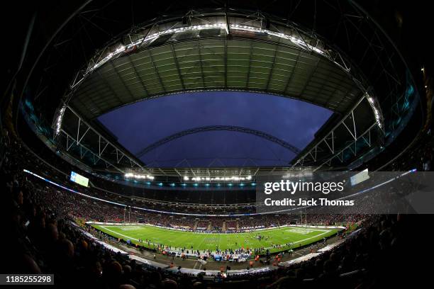 General view inside the stadium during the NFL match between the Houston Texans and Jacksonville Jaguars at Wembley Stadium on November 03, 2019 in...