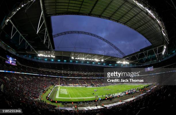 General view inside the stadium during the NFL match between the Houston Texans and Jacksonville Jaguars at Wembley Stadium on November 03, 2019 in...
