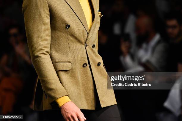 Model, detail, walks the runway at the Behnoode show during the FFWD October Edition 2019 at the Dubai Design District on November 02, 2019 in Dubai,...