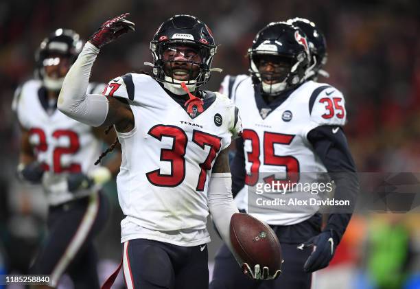 Jahleel Addae of Houston Texans celebrates a interception during the NFL game between Houston Texans and Jacksonville Jaguars at Wembley Stadium on...