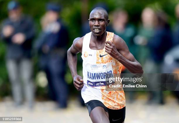 Geoffrey Kamworor of Kenya runs through Central Park before finishing first for the Pro Mens in the TCS New York City Marathon on November 03, 2019...