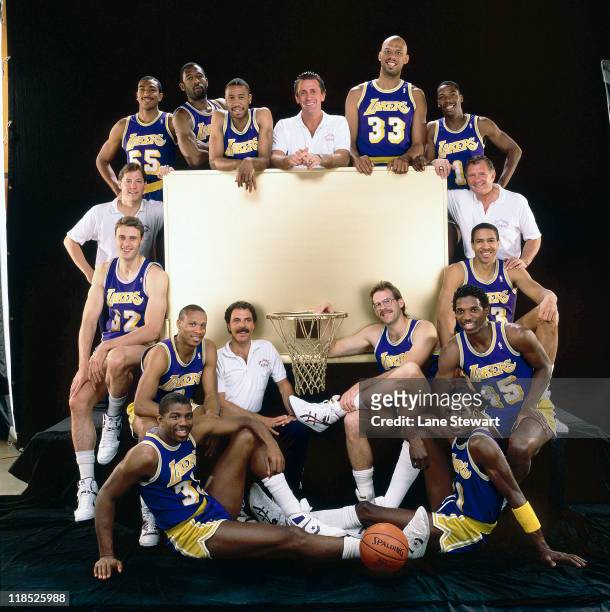 Portrait of Los Angeles Lakers Billy Thompson , James Worthy , Milt Wagner , coach Pat Riley, Kareem Abdul-Jabbar , Wes Matthews , assistant coach...