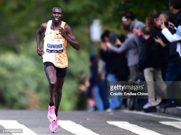 Geoffrey Kamworor of Kenya runs through Central Park before finishing first for the Pro Mens in the TCS New York City Marathon on November 03, 2019...