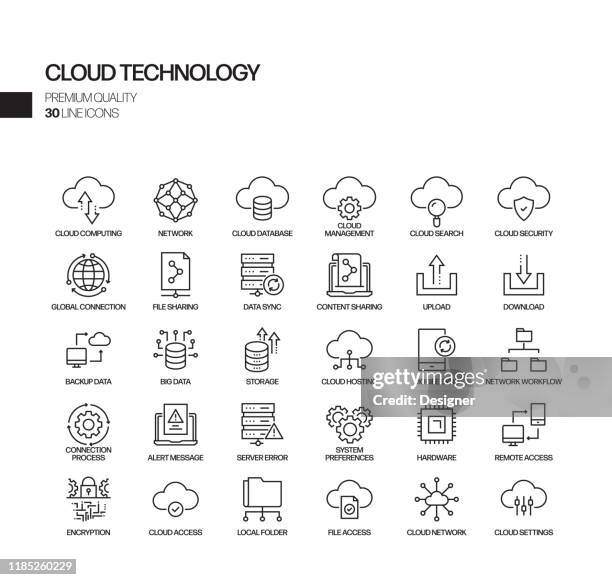 ilustraciones, imágenes clip art, dibujos animados e iconos de stock de conjunto simple de iconos de línea vectorial relacionados con la tecnología en la nube. colección de símbolos de esquema. - almacenamiento en nube