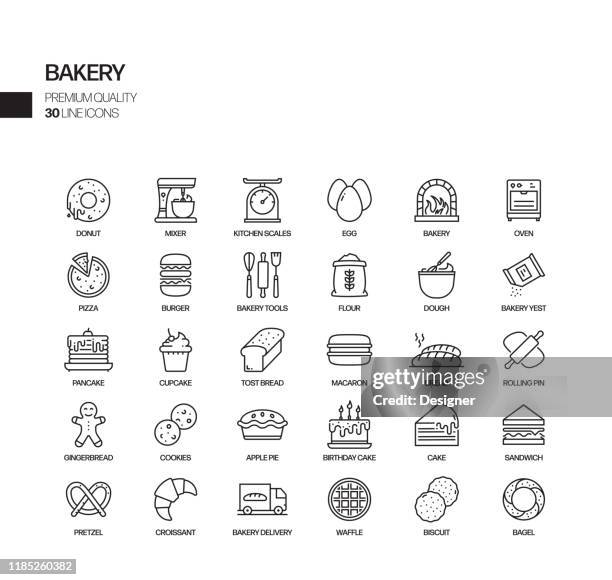 illustrazioni stock, clip art, cartoni animati e icone di tendenza di set semplice di icone di linea vettoriale correlate a panetteria e pasticceria. insieme outline symbol. - panetteria