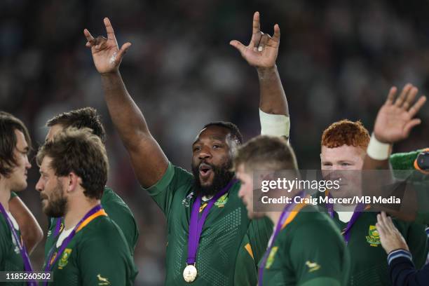 Tendai Mtawarira of South Africa celebrates with his winners medal after the Rugby World Cup 2019 Final between England and South Africa at...