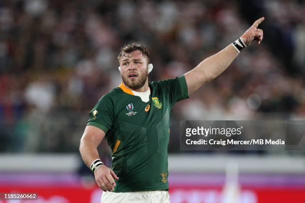 Duane Vermeulen of South Africa gestures during the Rugby World Cup 2019 Final between England and South Africa at International Stadium Yokohama on...
