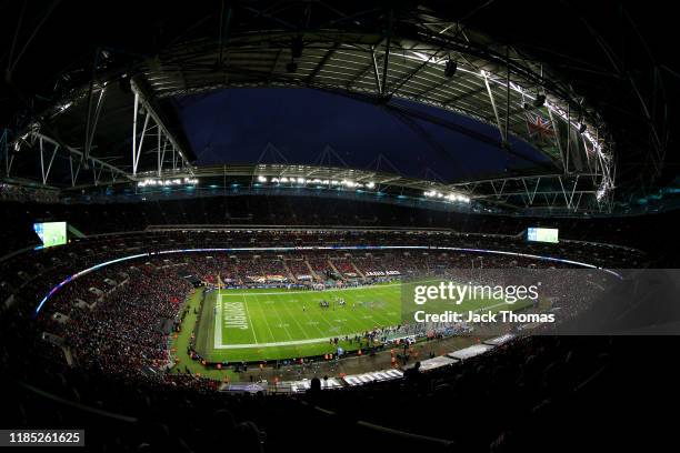 General view inside the stadium during the NFL match between the Houston Texans and Jacksonville Jaguars at Wembley Stadium on November 03, 2019 in...