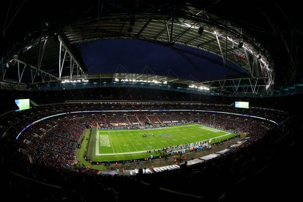 General view inside the stadium during the NFL match between the Houston Texans and Jacksonville Jaguars at Wembley Stadium on November 03, 2019 in...