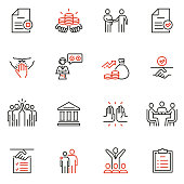 Vector set of linear icons related to bargaining, letter of credit and, acknowledgement and affirmation. Mono line pictograms and infographics design elements