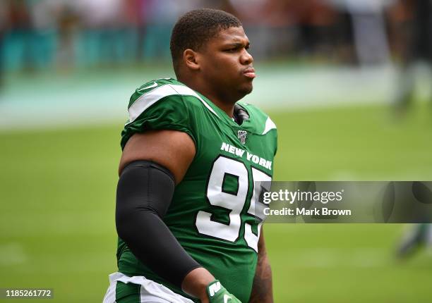 Quinnen Williams of the New York Jets warms up prior to the game against the Miami Dolphins at Hard Rock Stadium on November 03, 2019 in Miami,...