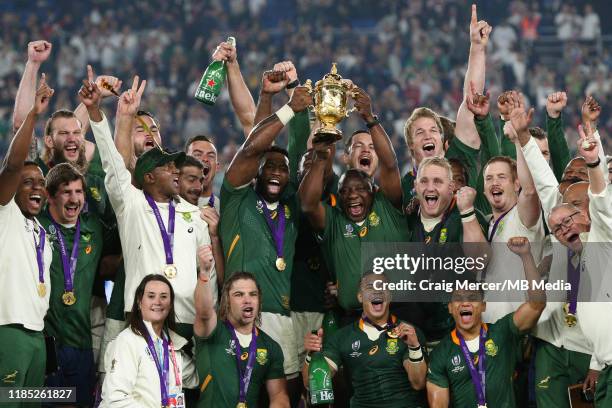 Cyril Ramaphosa, President of South Africa lifts the Webb Ellis Cup with Siya Kolisi after their side win the Rugby World Cup 2019 Final between...
