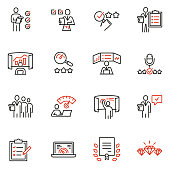 Vector set of linear icons related to analytics, data processing and conclusion. Auditor, analyst and expertise. Mono line pictograms and infographics design elements