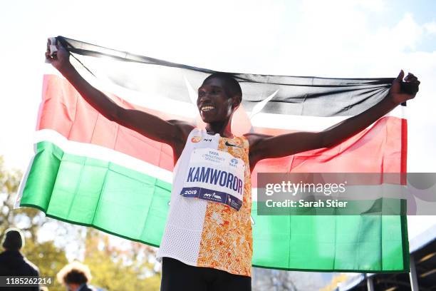 Geoffrey Kamworor of Kenya reacts after crossing the finish line to win the Men's Division of the 2019 TCS New York City Marathon on November 03,...