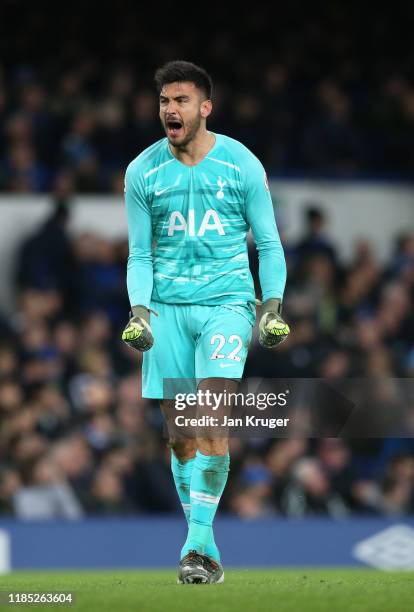 Paulo Gazzaniga of Tottenham Hotspur celebrates his sides first goal scored by Dele Alli of Tottenham Hotspur during the Premier League match between...